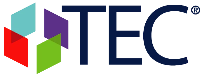 TEC logo with colorful geometric shapes and bold dark blue letters TEC
